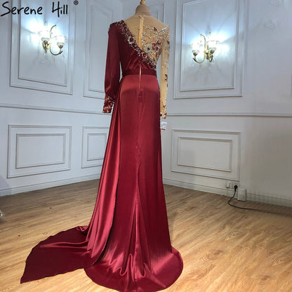 Serene Hill Muslim Wine Red Luxury Mermaid Evening Dresses Gowns 2025 Satin Elegant Beading For Women Party LA70990 - SERENE HILL