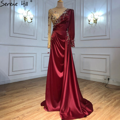 Serene Hill Muslim Wine Red Luxury Mermaid Evening Dresses Gowns 2025 Satin Elegant Beading For Women Party LA70990 - SERENE HILL