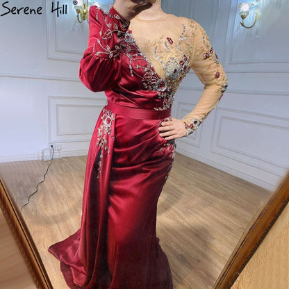 Serene Hill Muslim Wine Red Luxury Mermaid Evening Dresses Gowns 2025 Satin Elegant Beading For Women Party LA70990 - SERENE HILL