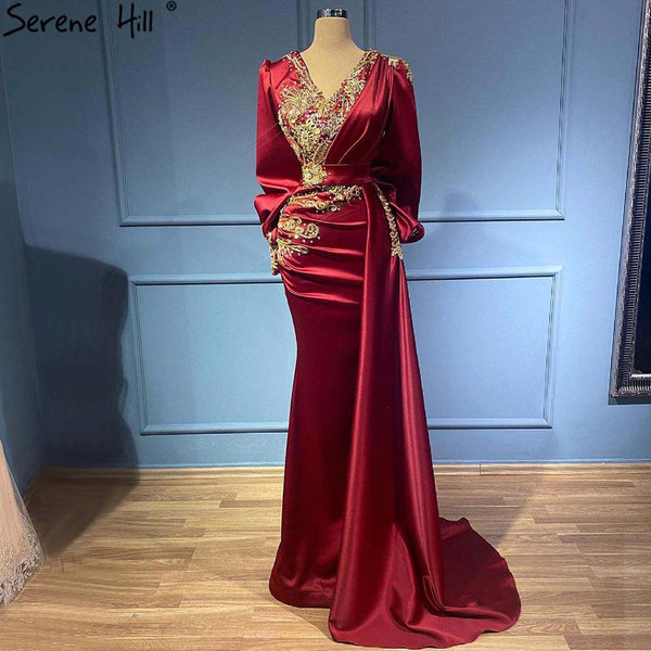 Serene Hill Muslim Wine Red Mermaid Elegant Evening Dresses Gowns 2025 Satin Beaded Luxury For Women Party LA71366