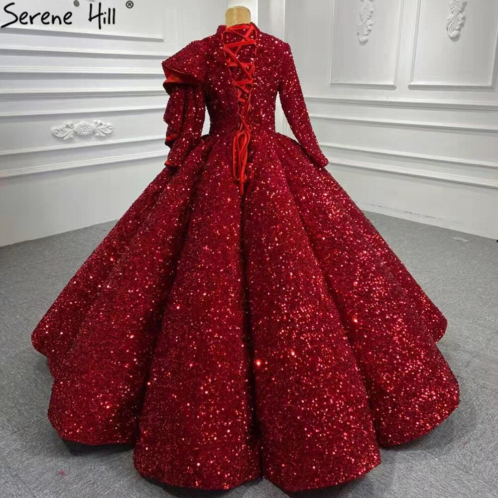 Serene Hill Muslim Wine Red Sequined Wedding Dresses 2025 Long Sleeves Luxury Sparkle Bridal Gowns HA2522 Custom Made - SERENE HILL
