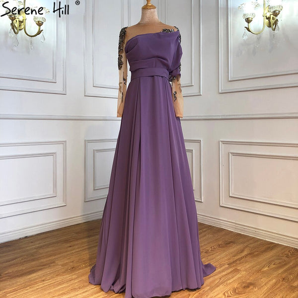 Serene Hill Musllim Purple A-Line Evening Dresses Gowns 2025 Beading Diamond Satin Sexy For Woman Party LA71053