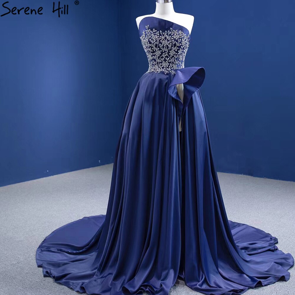 Serene Hill Navy Blue A-Line High Split vening Dresses Gowns 2025 Beaded Satin Sexy For Women Party HM67374 - SERENE HILL