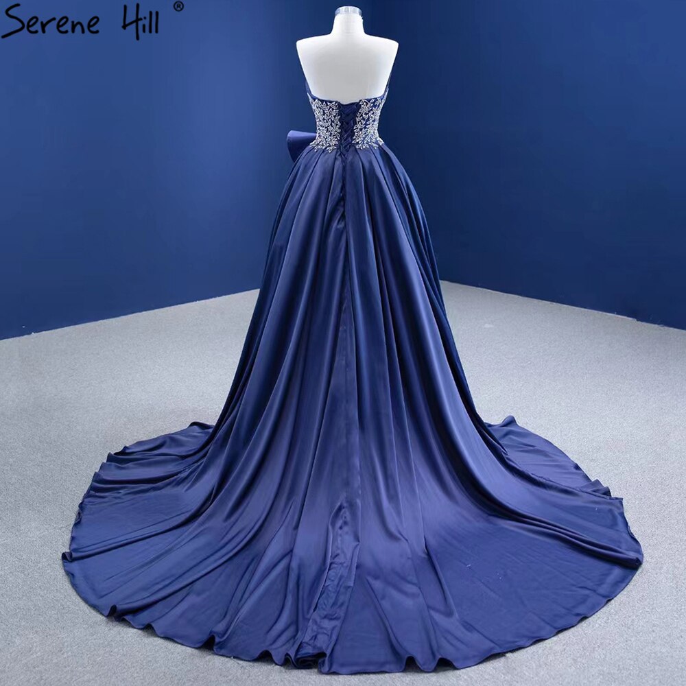 Serene Hill Navy Blue A-Line High Split vening Dresses Gowns 2025 Beaded Satin Sexy For Women Party HM67374 - SERENE HILL