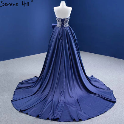 Serene Hill Navy Blue A-Line High Split vening Dresses Gowns 2025 Beaded Satin Sexy For Women Party HM67374 - SERENE HILL