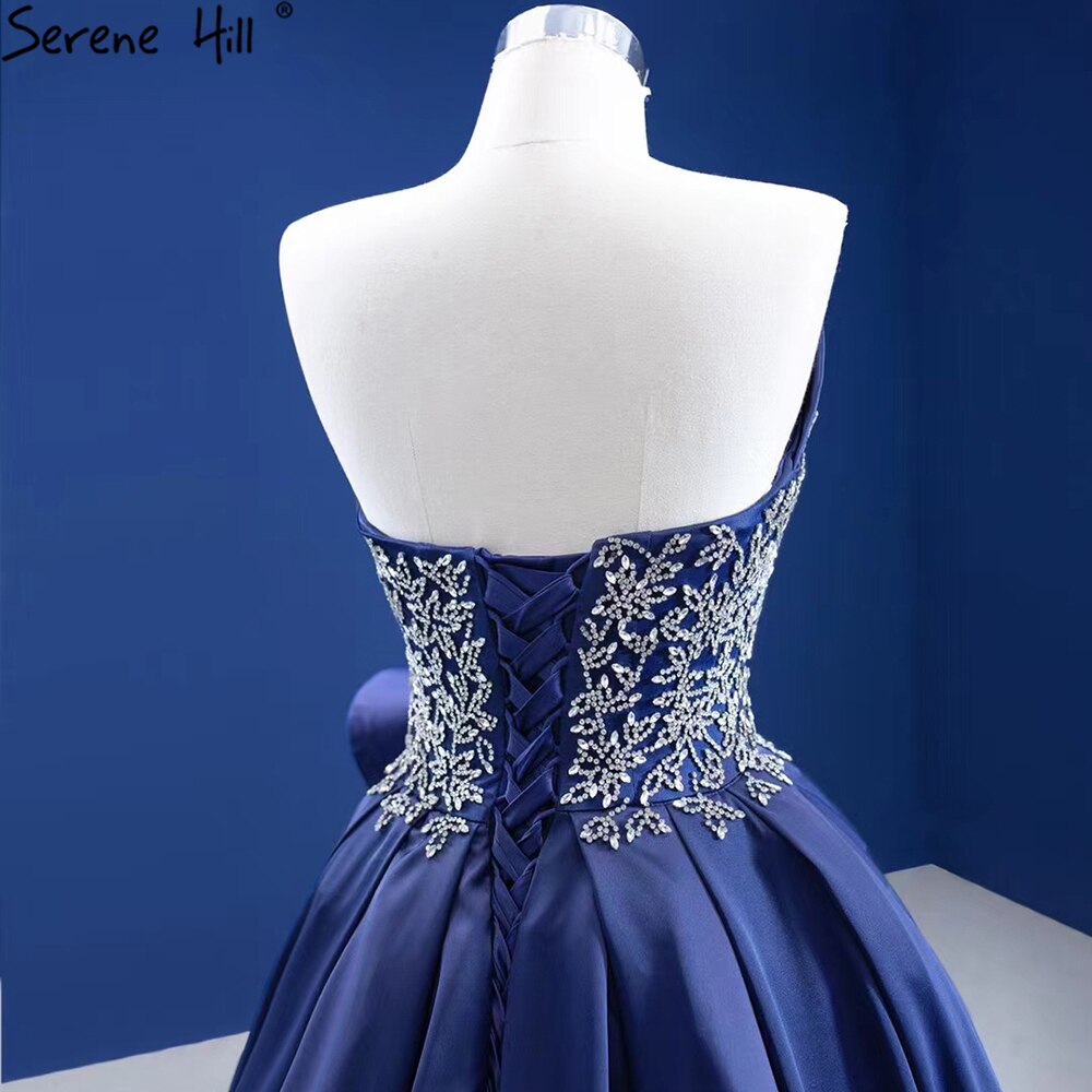 Serene Hill Navy Blue A-Line High Split vening Dresses Gowns 2025 Beaded Satin Sexy For Women Party HM67374 - SERENE HILL