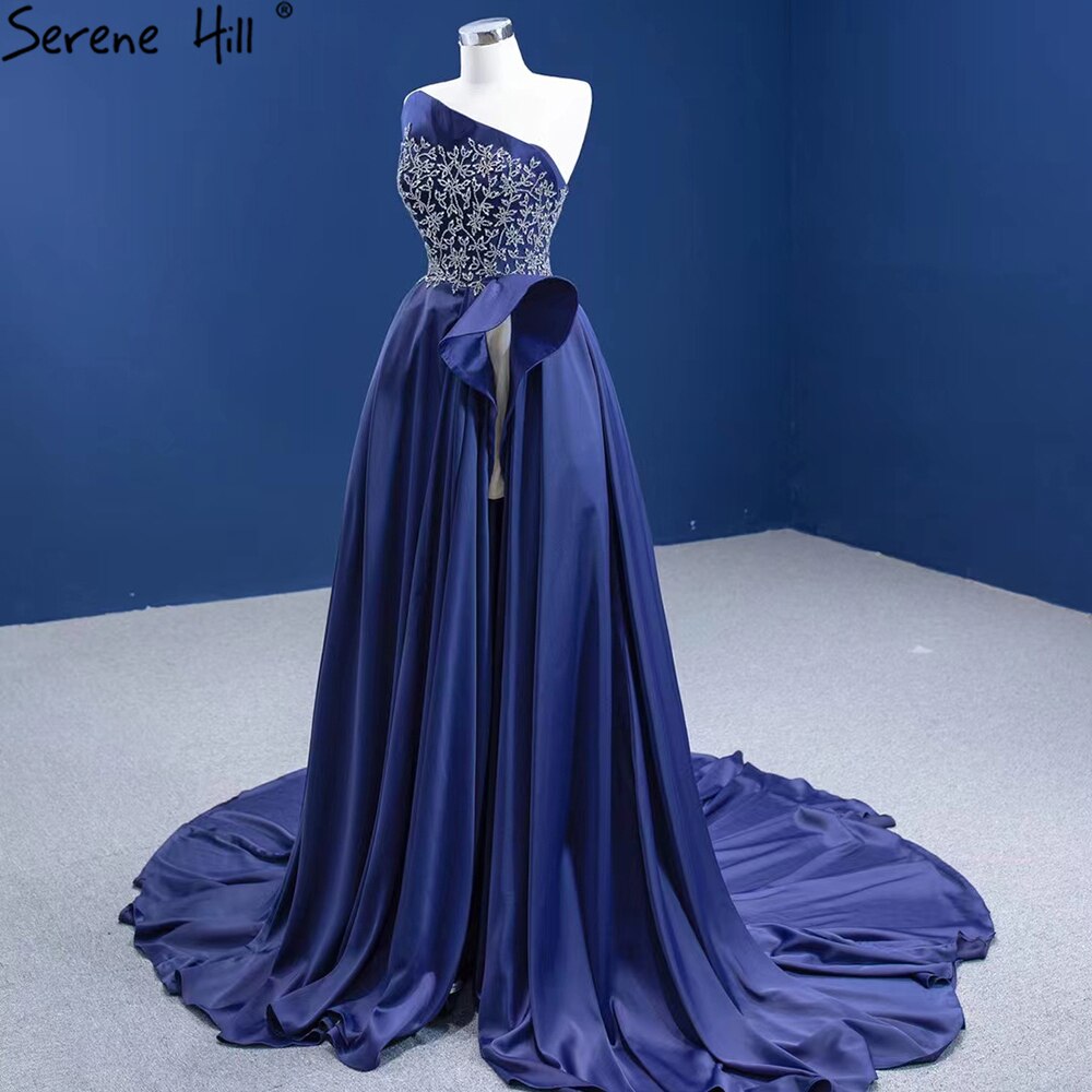 Serene Hill Navy Blue A-Line High Split vening Dresses Gowns 2025 Beaded Satin Sexy For Women Party HM67374 - SERENE HILL