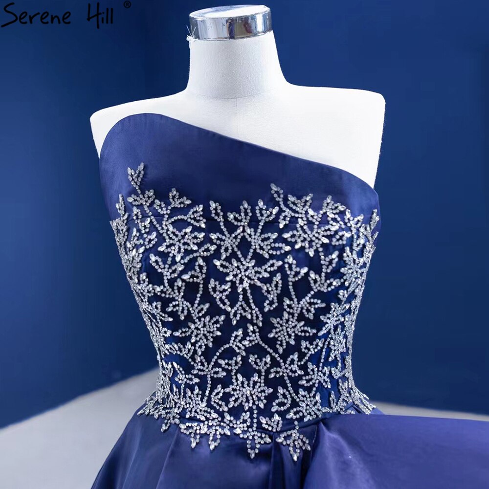 Serene Hill Navy Blue A-Line High Split vening Dresses Gowns 2025 Beaded Satin Sexy For Women Party HM67374 - SERENE HILL