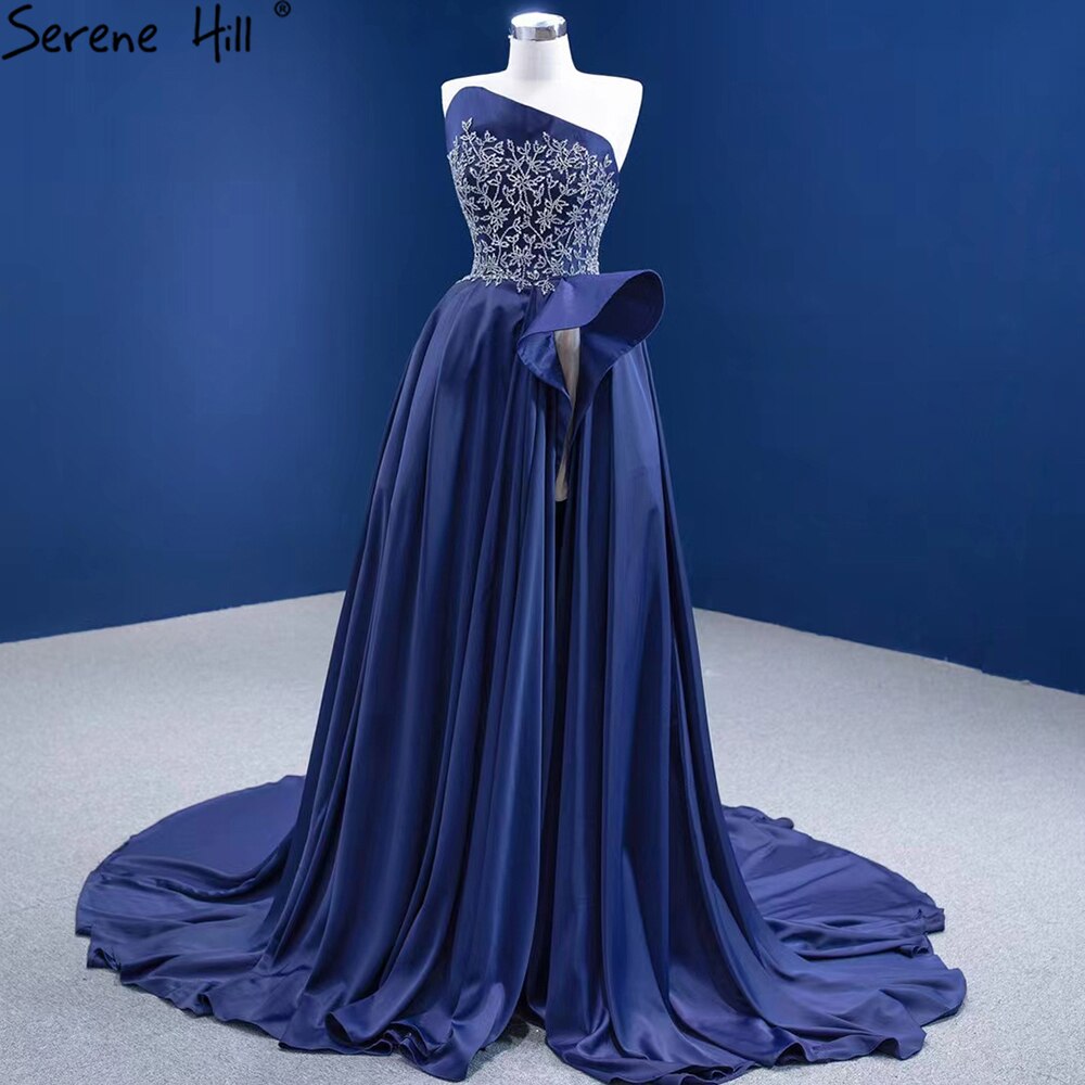 Serene Hill Navy Blue A-Line High Split vening Dresses Gowns 2025 Beaded Satin Sexy For Women Party HM67374 - SERENE HILL