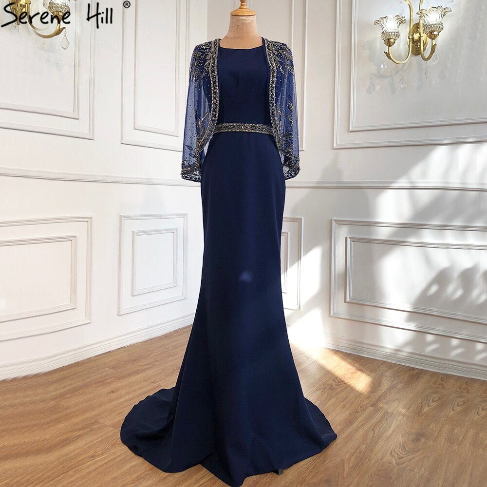 Serene Hill Navy Blue Mermaid Elegant Evening Dresses Gowns 2025 Satin Beading Shawl Yarn Sexy For Women Party LA70884 - SERENE HILL