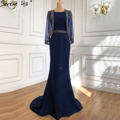 Serene Hill Navy Blue Mermaid Elegant Evening Dresses Gowns 2025 Satin Beading Shawl Yarn Sexy For Women Party LA70884 - SERENE HILL