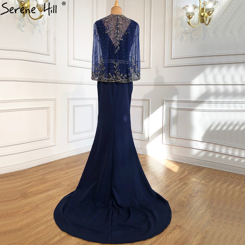 Serene Hill Navy Blue Mermaid Elegant Evening Dresses Gowns 2025 Satin Beading Shawl Yarn Sexy For Women Party LA70884 - SERENE HILL