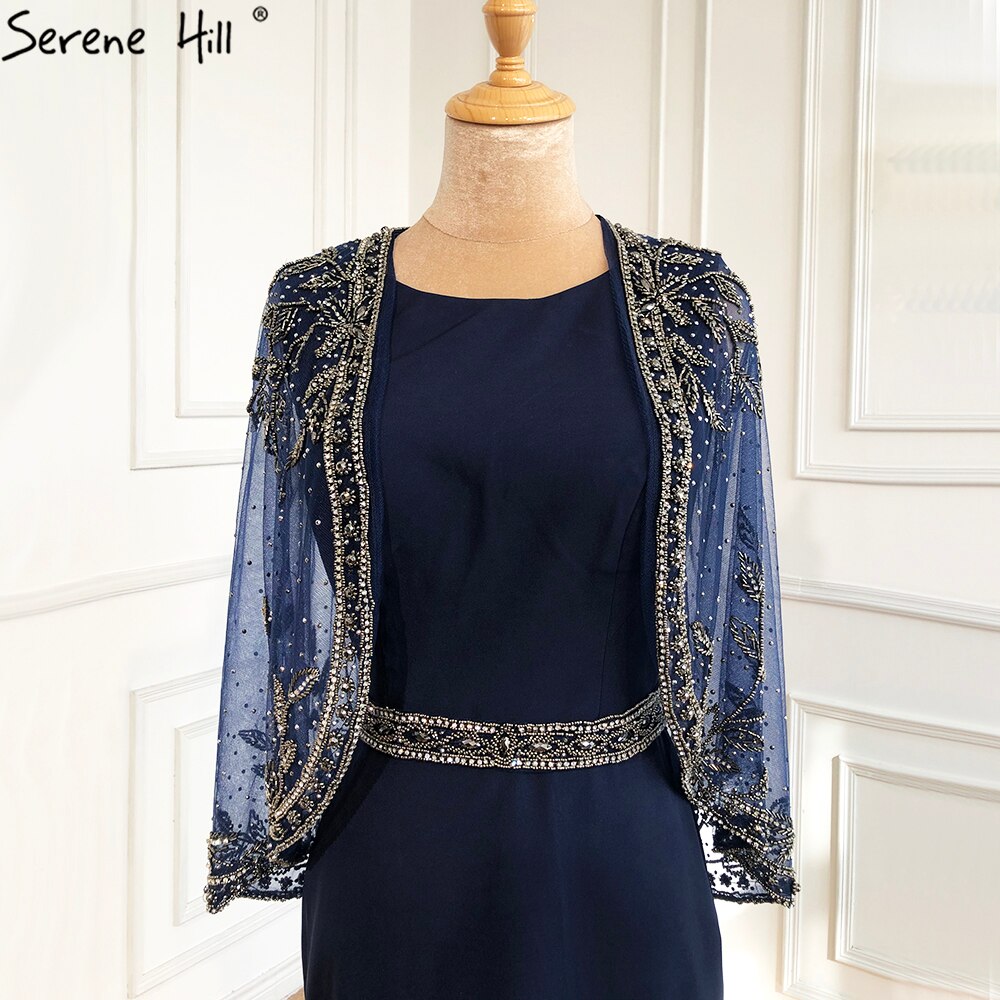 Serene Hill Navy Blue Mermaid Elegant Evening Dresses Gowns 2025 Satin Beading Shawl Yarn Sexy For Women Party LA70884 - SERENE HILL