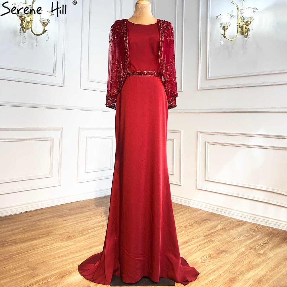 Serene Hill Navy Blue Mermaid Elegant Evening Dresses Gowns 2025 Satin Beading Shawl Yarn Sexy For Women Party LA70884 - SERENE HILL