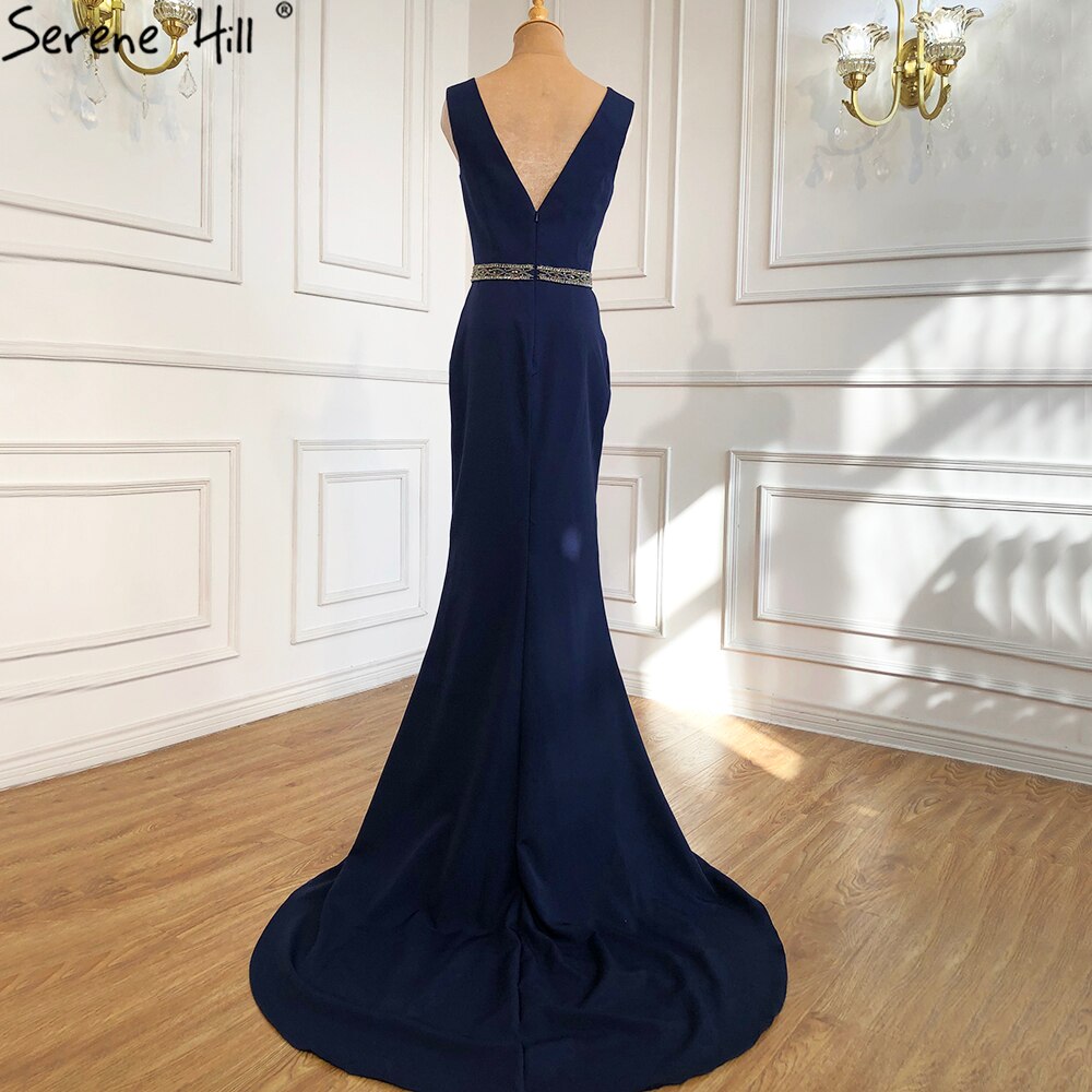 Serene Hill Navy Blue Mermaid Elegant Evening Dresses Gowns 2025 Satin Beading Shawl Yarn Sexy For Women Party LA70884 - SERENE HILL