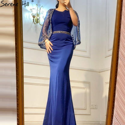 Serene Hill Navy Blue Mermaid Elegant Evening Dresses Gowns 2025 Satin Beading Shawl Yarn Sexy For Women Party LA70884 - SERENE HILL