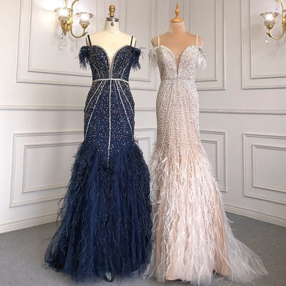 Luxury Feathers Navy Blue Prom Evening Dresses LA71656 - SERENE HILL