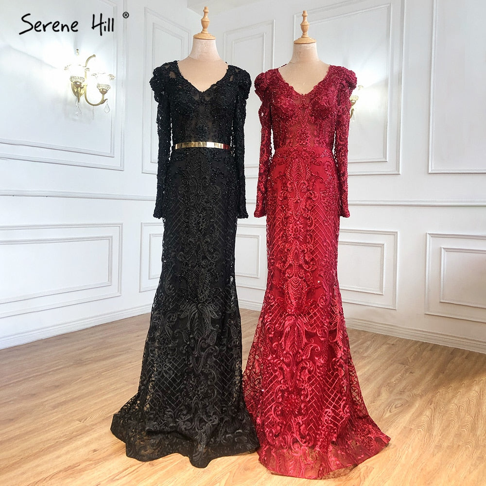 Serene Hill Navy Blue Mermaid Lace Beaded Muslim Luxury Evening Dresses Gowns 2025 Party For Woman LA71075 - SERENE HILL
