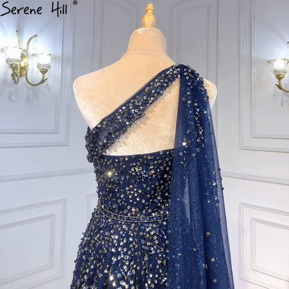 Serene Hill Navy Blue One Shouler Cape Sleeve Evening Dresses Gowns 2025 A-Line Beaded Luxury For Woman Party LA71432 - SERENE HILL