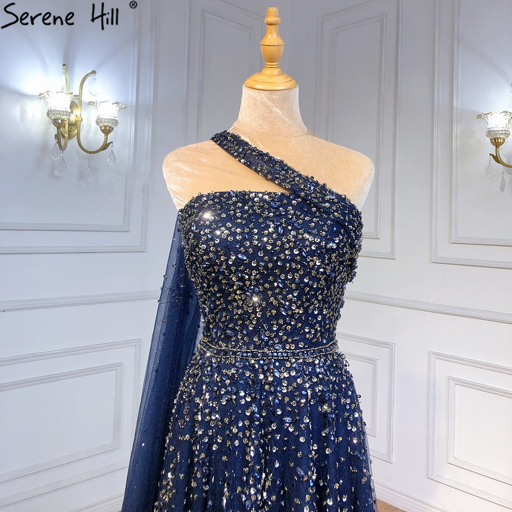 Serene Hill Navy Blue One Shouler Cape Sleeve Evening Dresses Gowns 2025 A-Line Beaded Luxury For Woman Party LA71432 - SERENE HILL