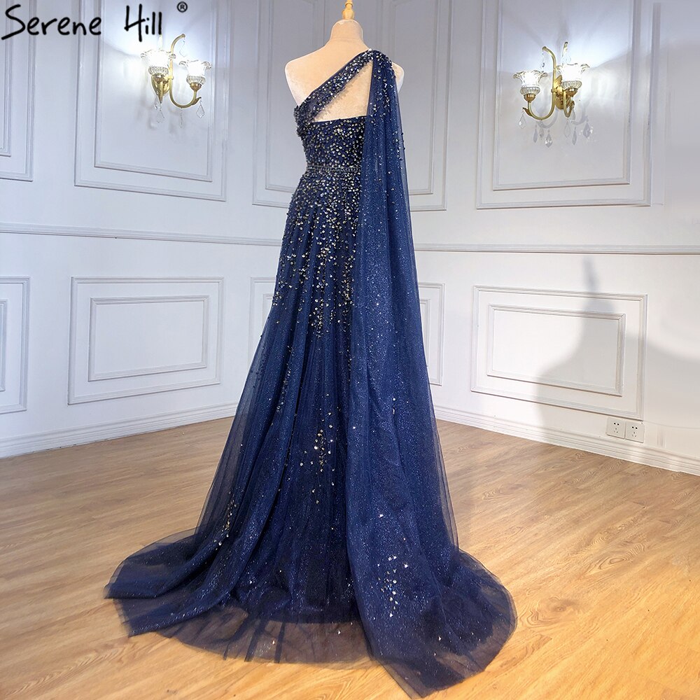 Serene Hill Navy Blue One Shouler Cape Sleeve Evening Dresses Gowns 2025 A-Line Beaded Luxury For Woman Party LA71432 - SERENE HILL