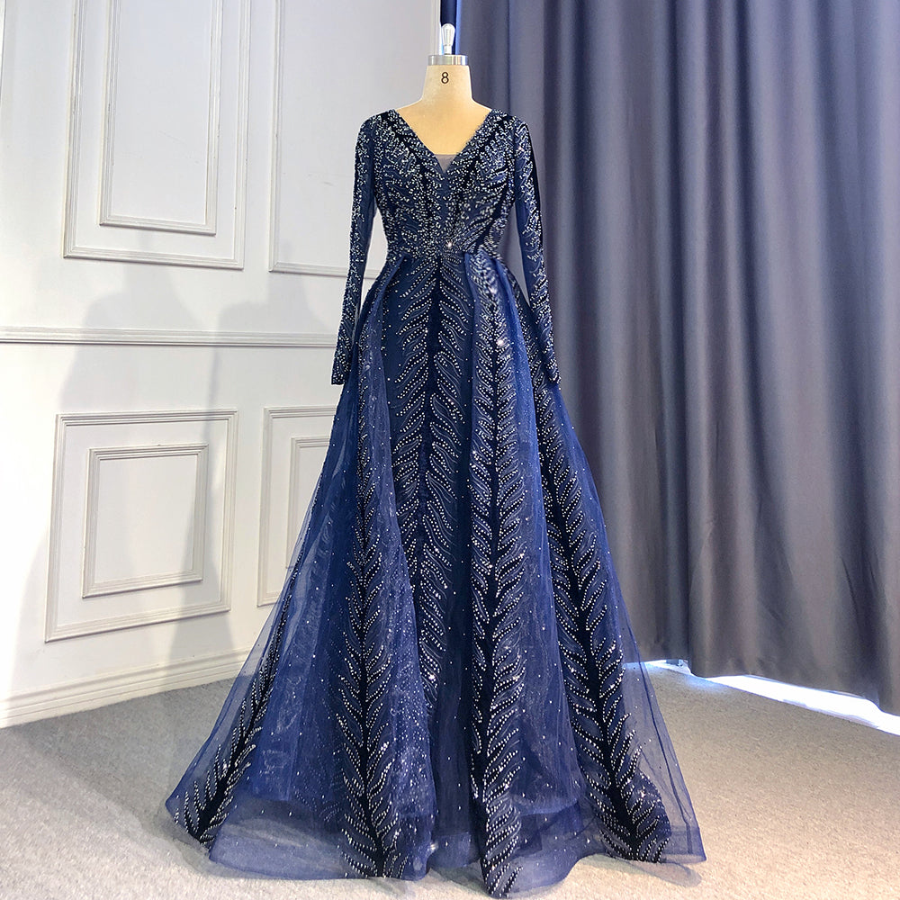 Serene Hill Navy Blue Velvet Muslim Mermaid Elegant Evening Dresses Beaded Long Sleeves With Skirt Not Removable 2025 LA71691 - SERENE HILL