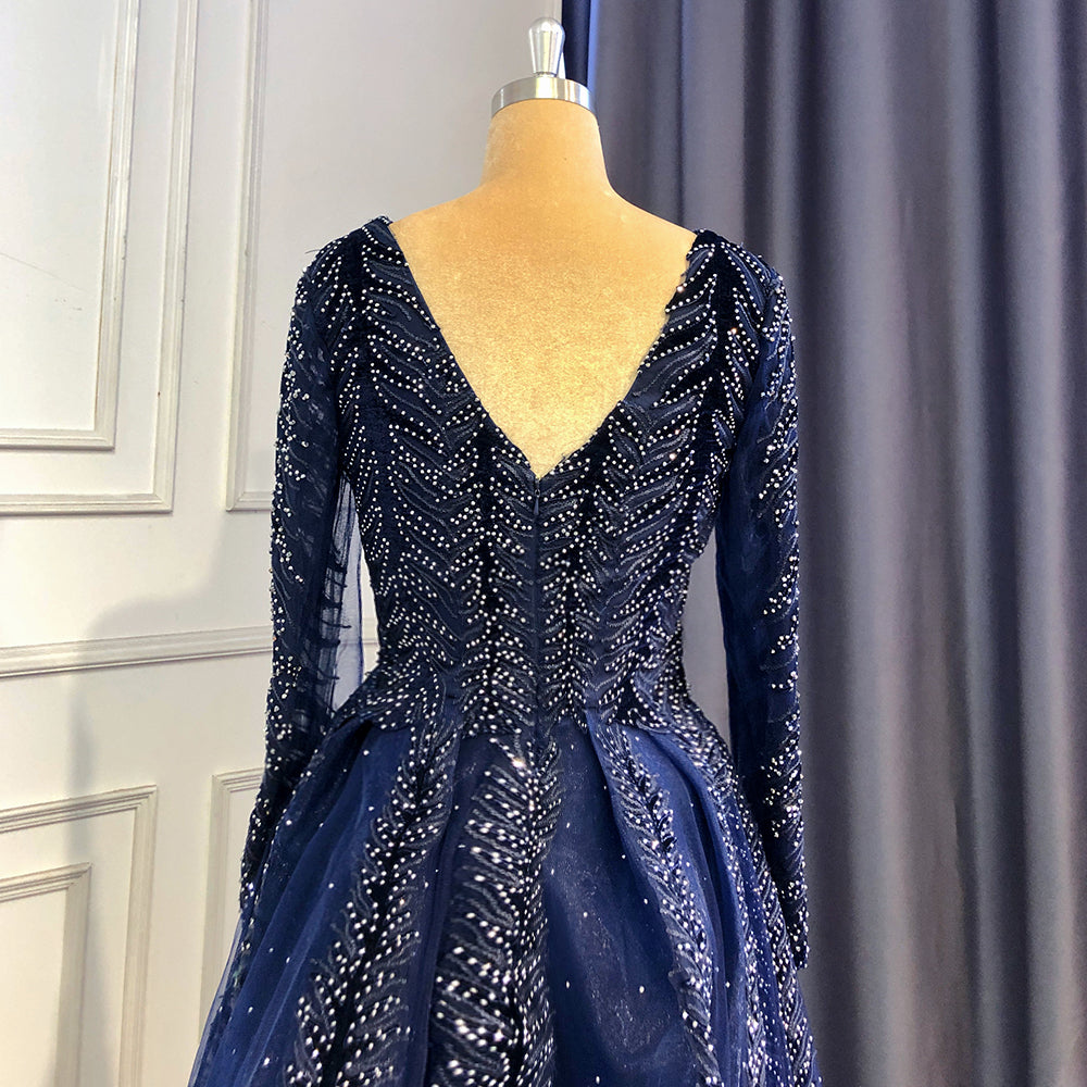 Serene Hill Navy Blue Velvet Muslim Mermaid Elegant Evening Dresses Beaded Long Sleeves With Skirt Not Removable 2025 LA71691 - SERENE HILL