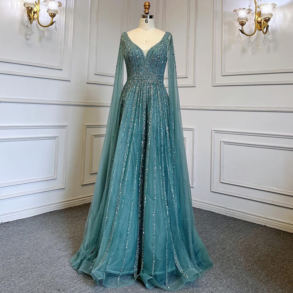 Luxury Nude Dubai Evening Dress with Cape Sleeves LA71567 - SERENE HILL