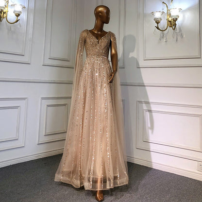 Luxury Nude Dubai Evening Dress with Cape Sleeves LA71567 - SERENE HILL