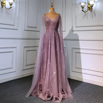Luxury Nude Dubai Evening Dress with Cape Sleeves LA71567 - SERENE HILL