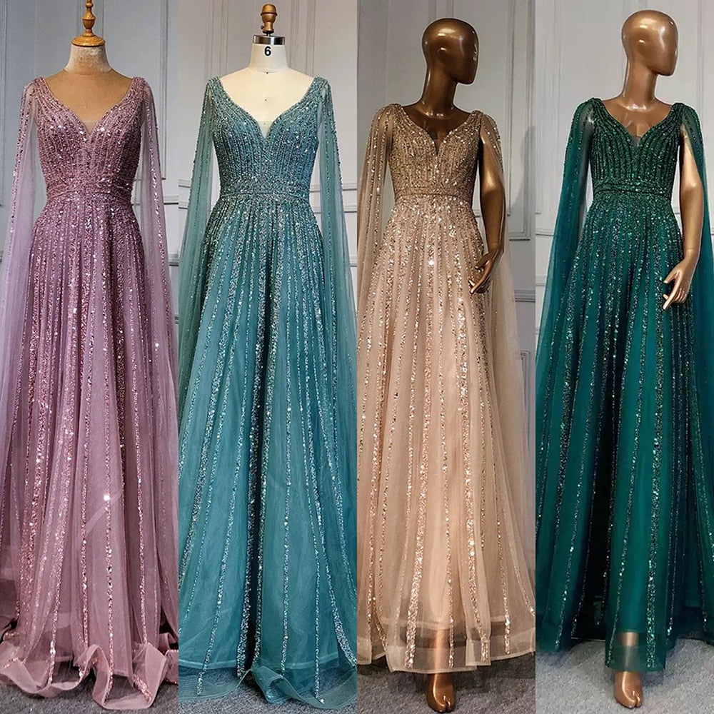 Luxury Nude Dubai Evening Dress with Cape Sleeves LA71567 - SERENE HILL