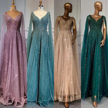 Luxury Nude Dubai Evening Dress with Cape Sleeves LA71567 - SERENE HILL
