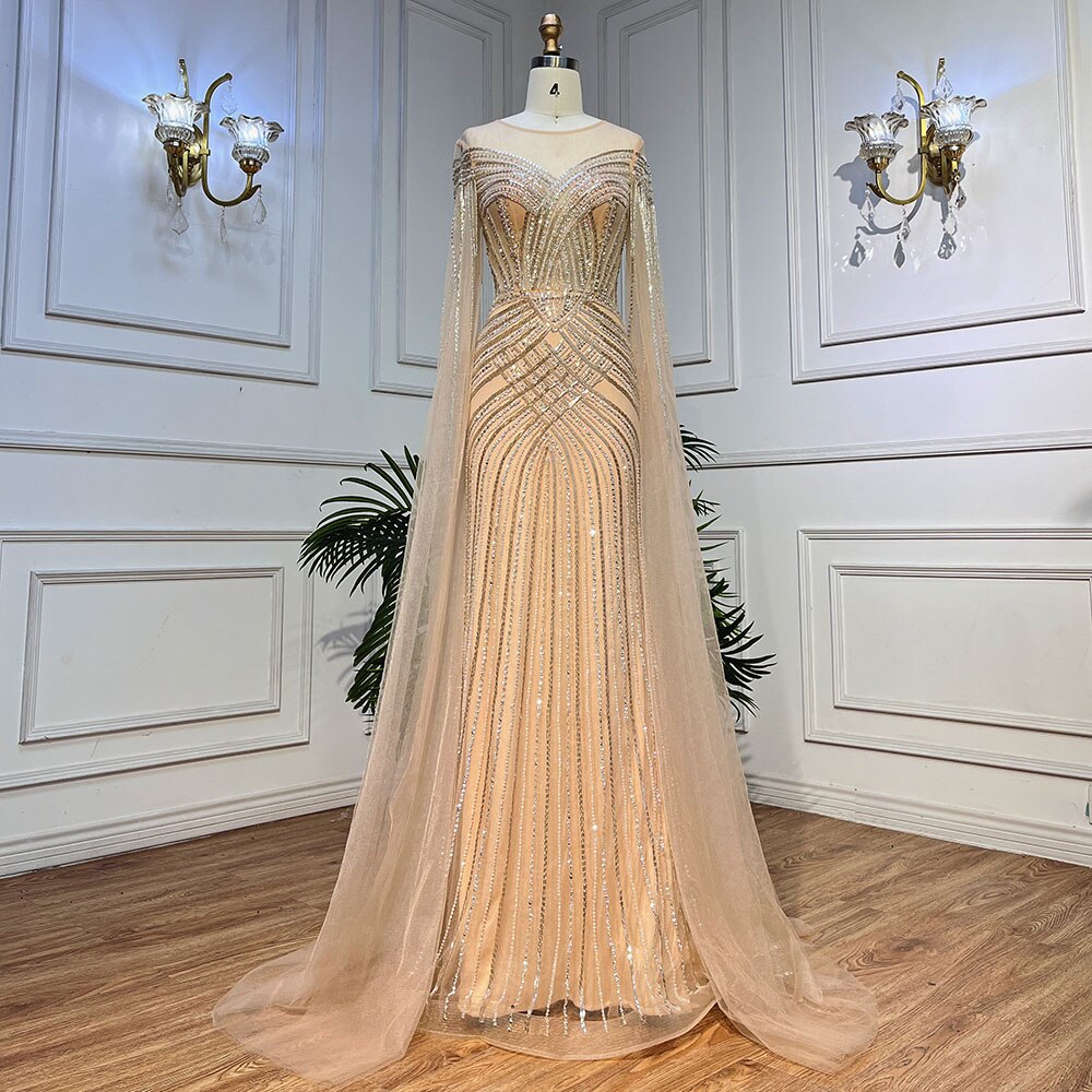 Serene Hill Nude Arabic Mermaid Cape Sleeves O-neck Beaded Evening Dresses Luxury Gowns 2025 For Women Wedding Party LA72012 - SERENE HILL