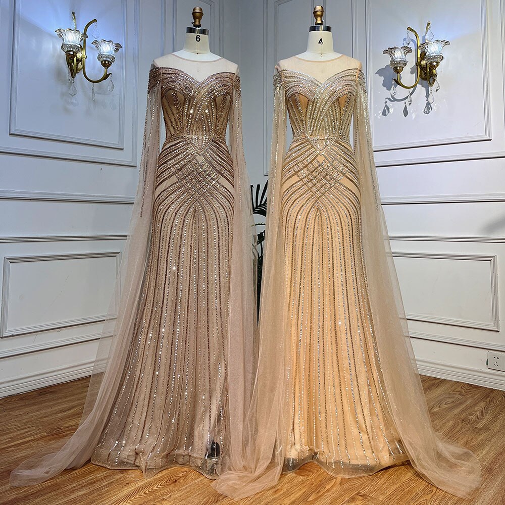 Serene Hill Nude Arabic Mermaid Cape Sleeves O-neck Beaded Evening Dresses Luxury Gowns 2025 For Women Wedding Party LA72012 - SERENE HILL