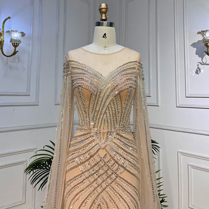 Serene Hill Nude Arabic Mermaid Cape Sleeves O-neck Beaded Evening Dresses Luxury Gowns 2025 For Women Wedding Party LA72012 - SERENE HILL