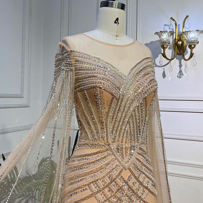 Serene Hill Nude Arabic Mermaid Cape Sleeves O-neck Beaded Evening Dresses Luxury Gowns 2025 For Women Wedding Party LA72012 - SERENE HILL