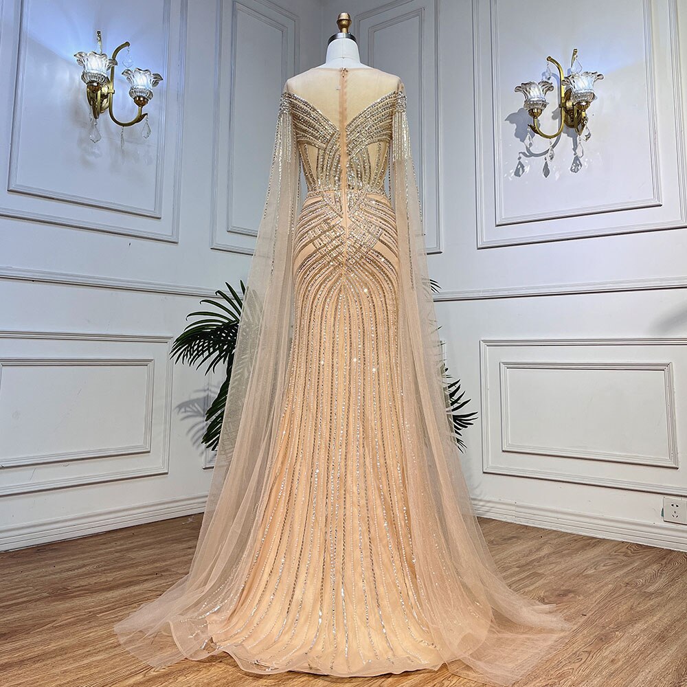 Serene Hill Nude Arabic Mermaid Cape Sleeves O-neck Beaded Evening Dresses Luxury Gowns 2025 For Women Wedding Party LA72012 - SERENE HILL