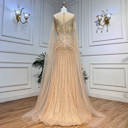 Serene Hill Nude Arabic Mermaid Cape Sleeves O-neck Beaded Evening Dresses Luxury Gowns 2025 For Women Wedding Party LA72012 - SERENE HILL