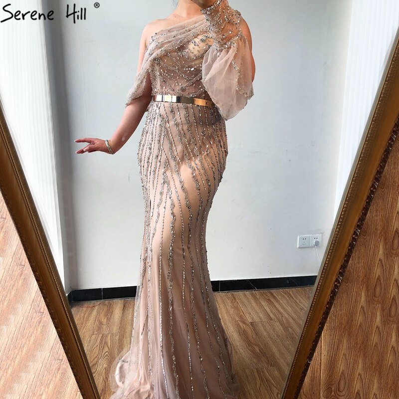 Serene Hill Nude High Split Mermaid Evening Dresses Gowns 2025 Luxury Beaded One Shoulder Elegant For Women Party LA70258 - SERENE HILL