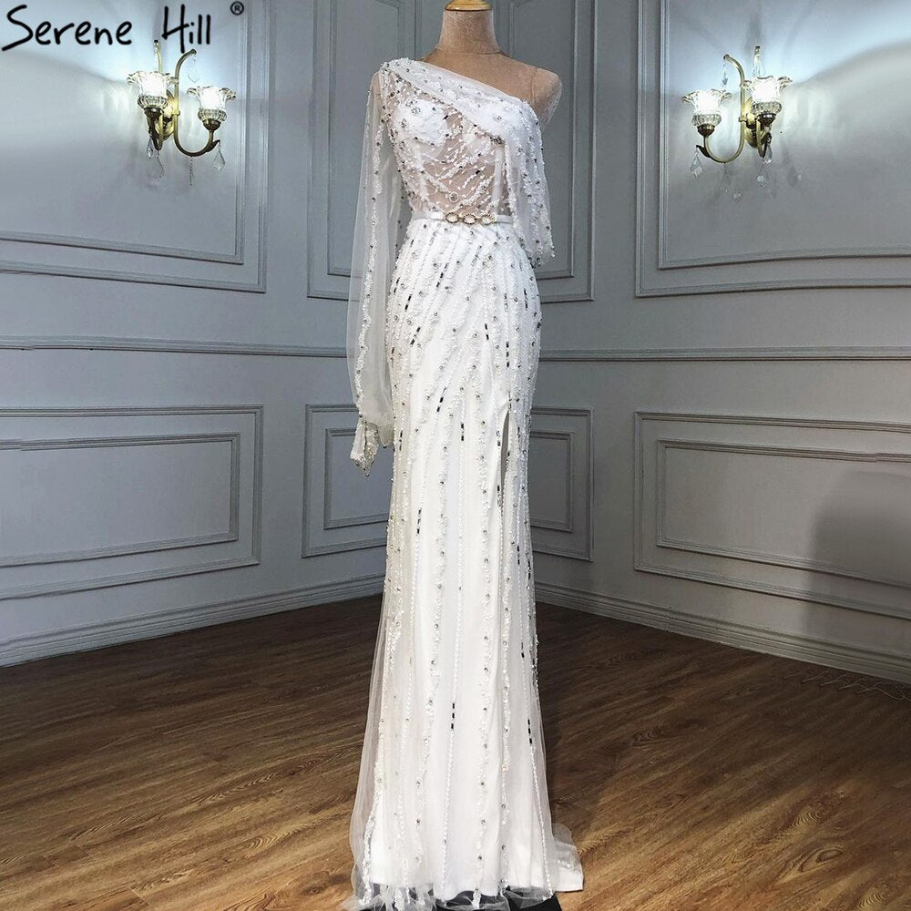 Serene Hill Nude High Split Mermaid Evening Dresses Gowns 2025 Luxury Beaded One Shoulder Elegant For Women Party LA70258 - SERENE HILL