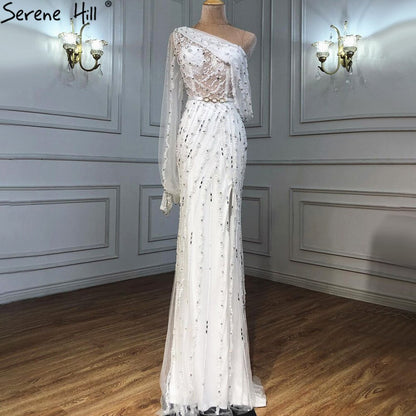 Serene Hill Nude High Split Mermaid Evening Dresses Gowns 2025 Luxury Beaded One Shoulder Elegant For Women Party LA70258 - SERENE HILL