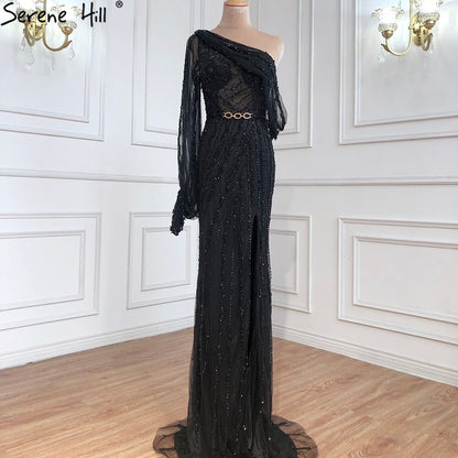 Serene Hill Nude High Split Mermaid Evening Dresses Gowns 2025 Luxury Beaded One Shoulder Elegant For Women Party LA70258 - SERENE HILL