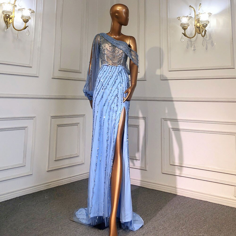 Serene Hill Nude High Split Mermaid Evening Dresses Gowns 2025 Luxury Beaded One Shoulder Elegant For Women Party LA70258 - SERENE HILL