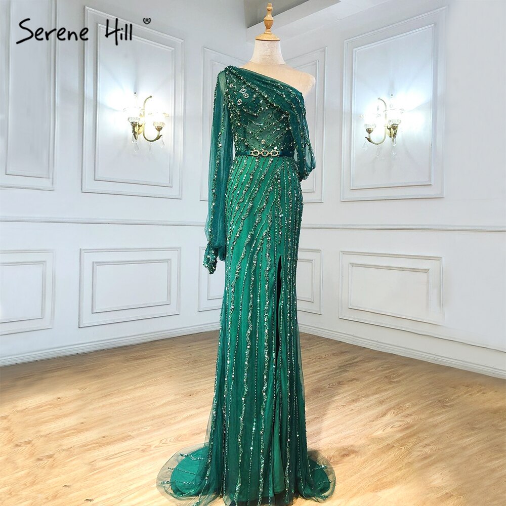 Serene Hill Nude High Split Mermaid Evening Dresses Gowns 2025 Luxury Beaded One Shoulder Elegant For Women Party LA70258 - SERENE HILL