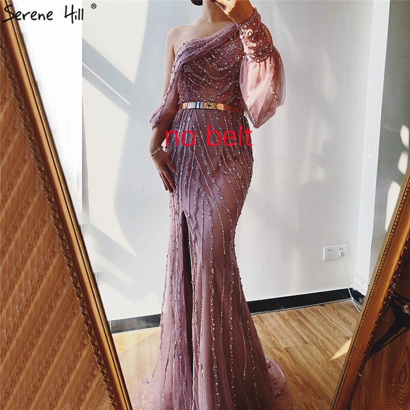 Serene Hill Nude High Split Mermaid Evening Dresses Gowns 2025 Luxury Beaded One Shoulder Elegant For Women Party LA70258 - SERENE HILL