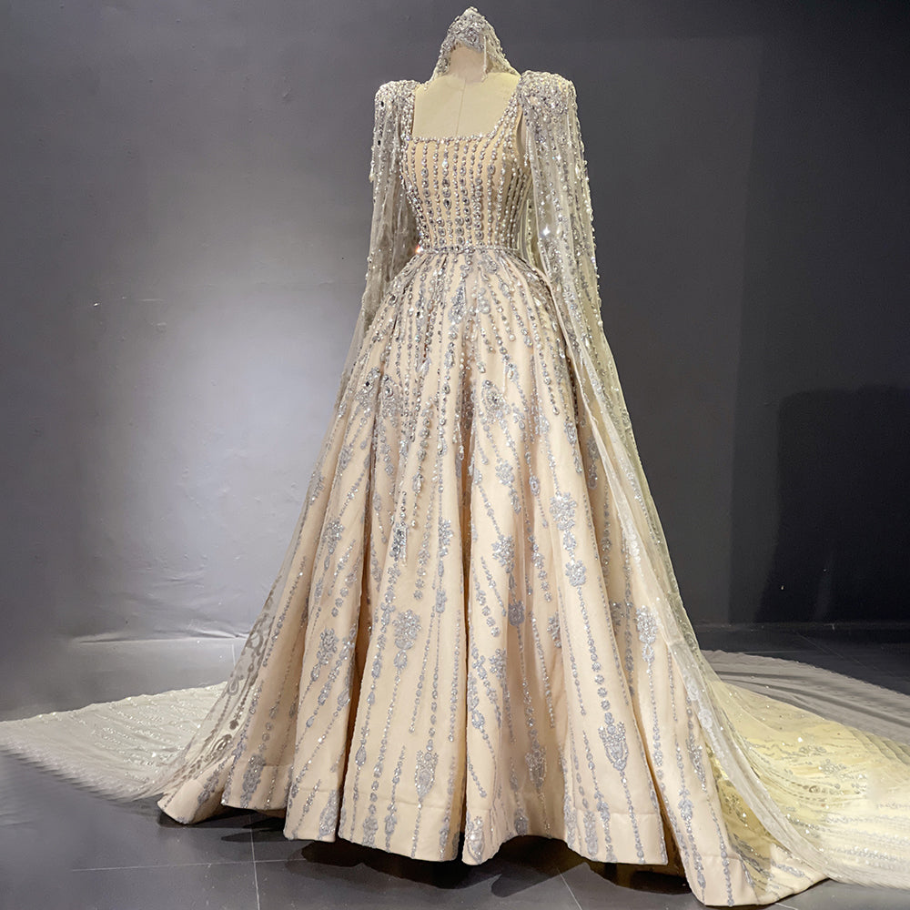Serene Hill Nude Luxury A-Line Evening Dresses Gowns 2025 Beaded Cape Sleeves For Women Party LA71614 - SERENE HILL