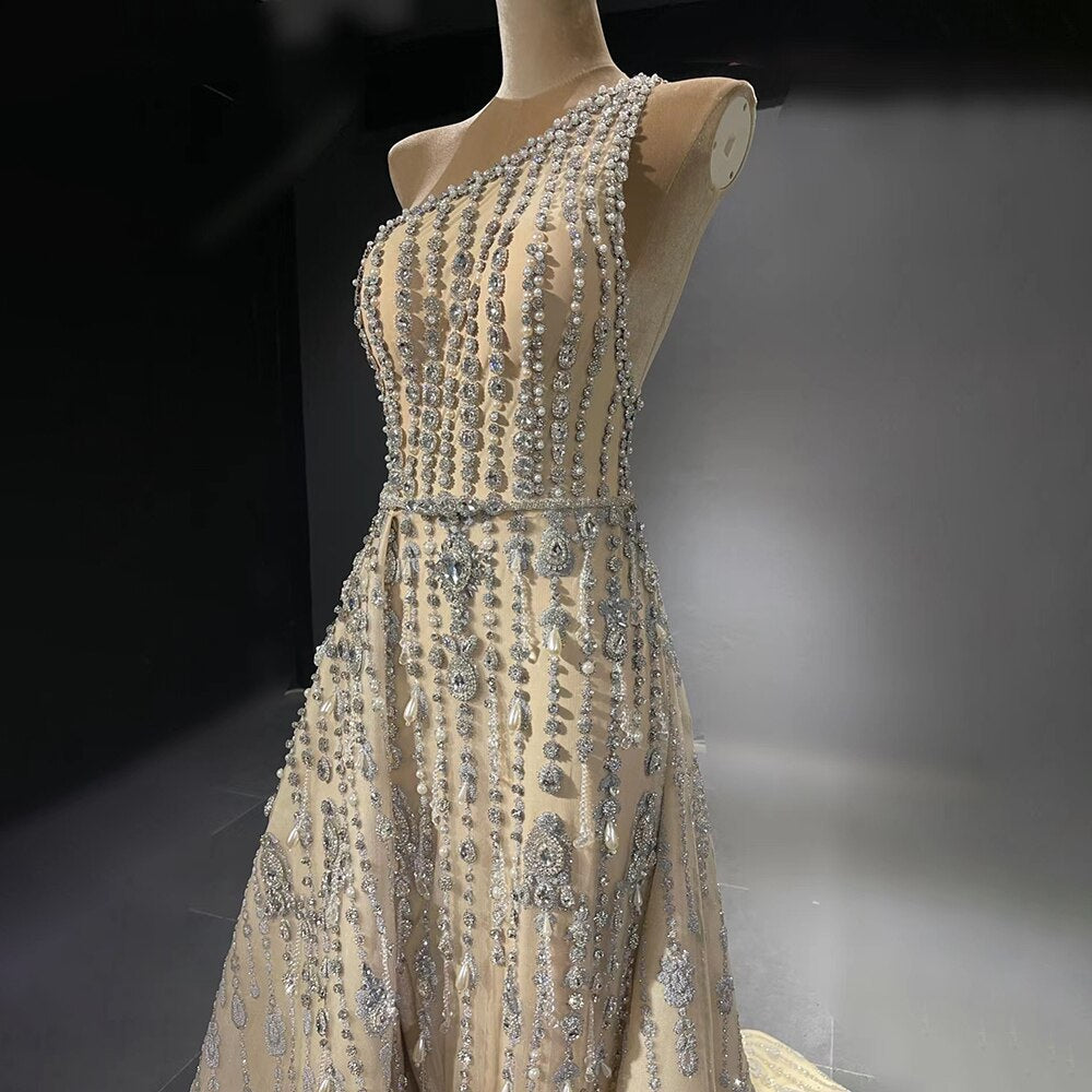 Serene Hill Nude Mermaid Elegant Evening Dresses Gowns 2025 Beaded Luxury One-Shoulder For Women Party LA71538 - SERENE HILL