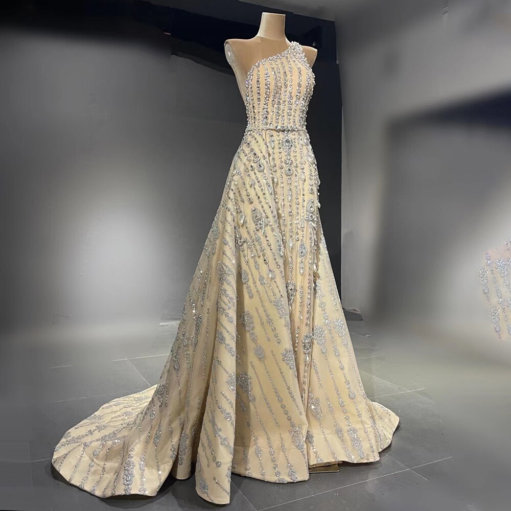 Serene Hill Nude Mermaid Elegant Evening Dresses Gowns 2025 Beaded Luxury One-Shoulder For Women Party LA71538 - SERENE HILL