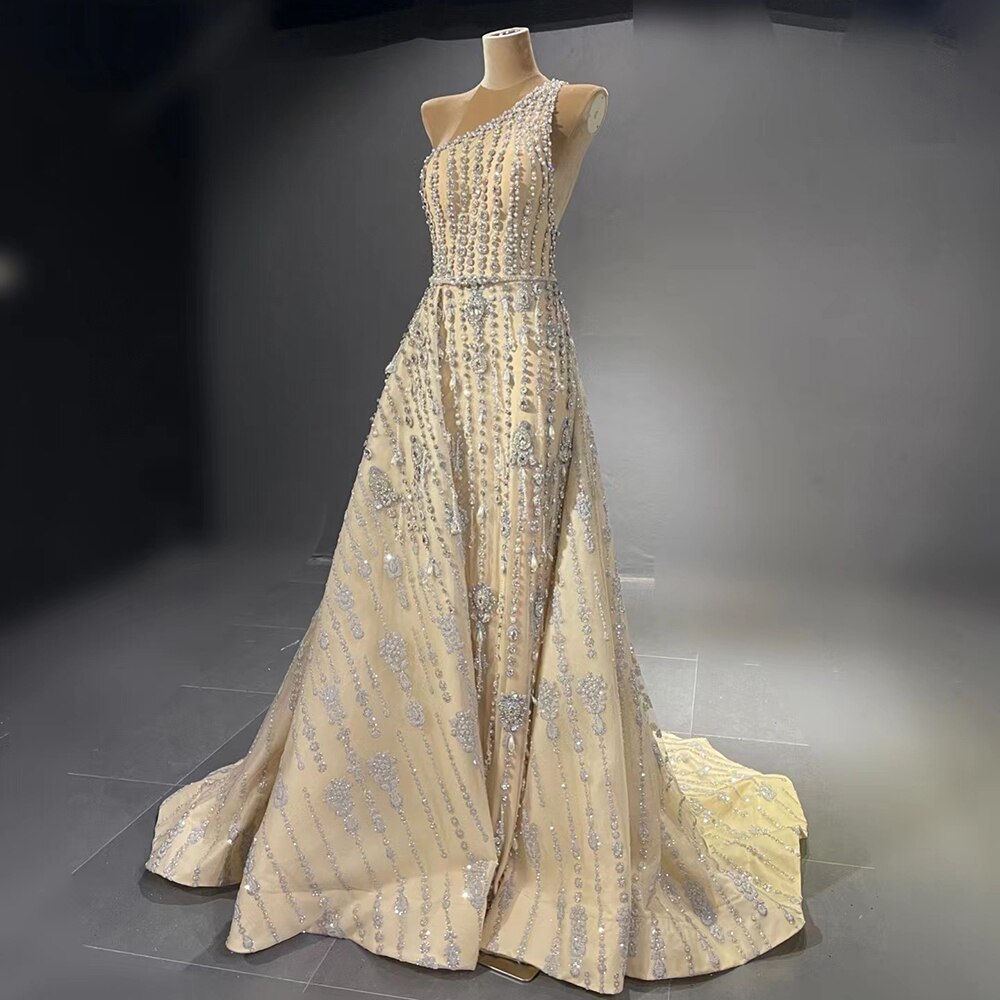 Serene Hill Nude Mermaid Elegant Evening Dresses Gowns 2025 Beaded Luxury One-Shoulder For Women Party LA71538 - SERENE HILL