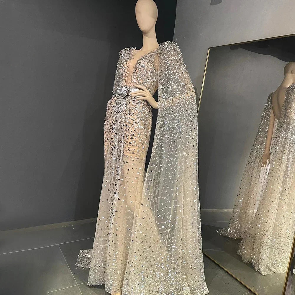 Serene Hill Nude Mermaid Evening Gown with Luxury Cape Sleeves Beaded Elegance and Backless for Women&
